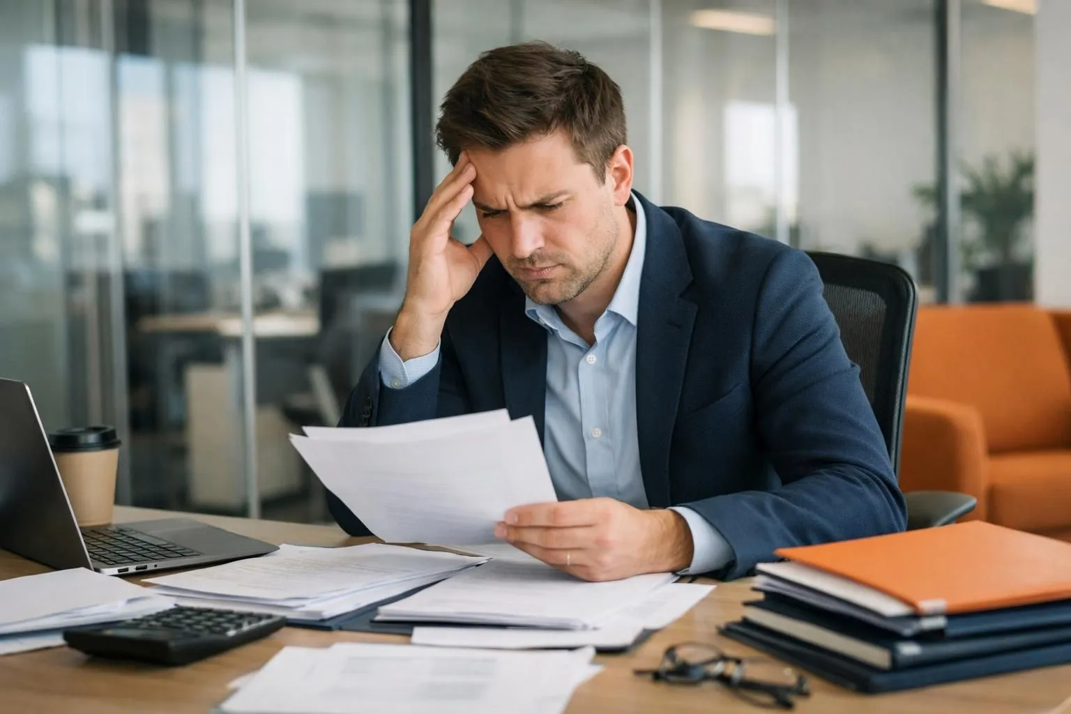 Financial marketing professional sitting at desk surrounded by stacked regulatory documents and compliance paperwork, looking frustrated while staring at computer screen showing declining SEO metrics, modern corporate office with glass walls, natural lighting, realistic photography style, no text or labels visible anywhere