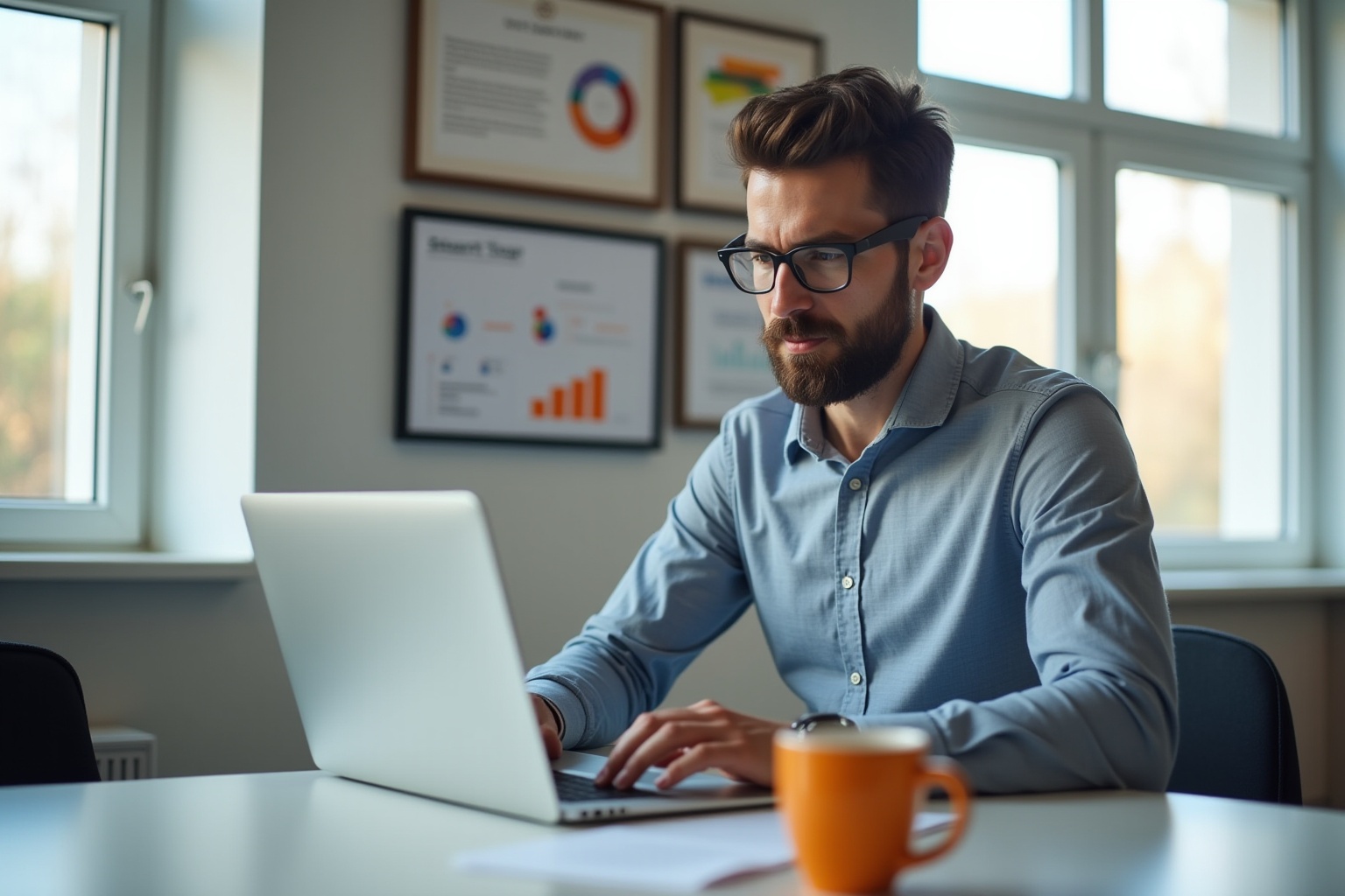 Businessman working at laptop in office with charts on wall.