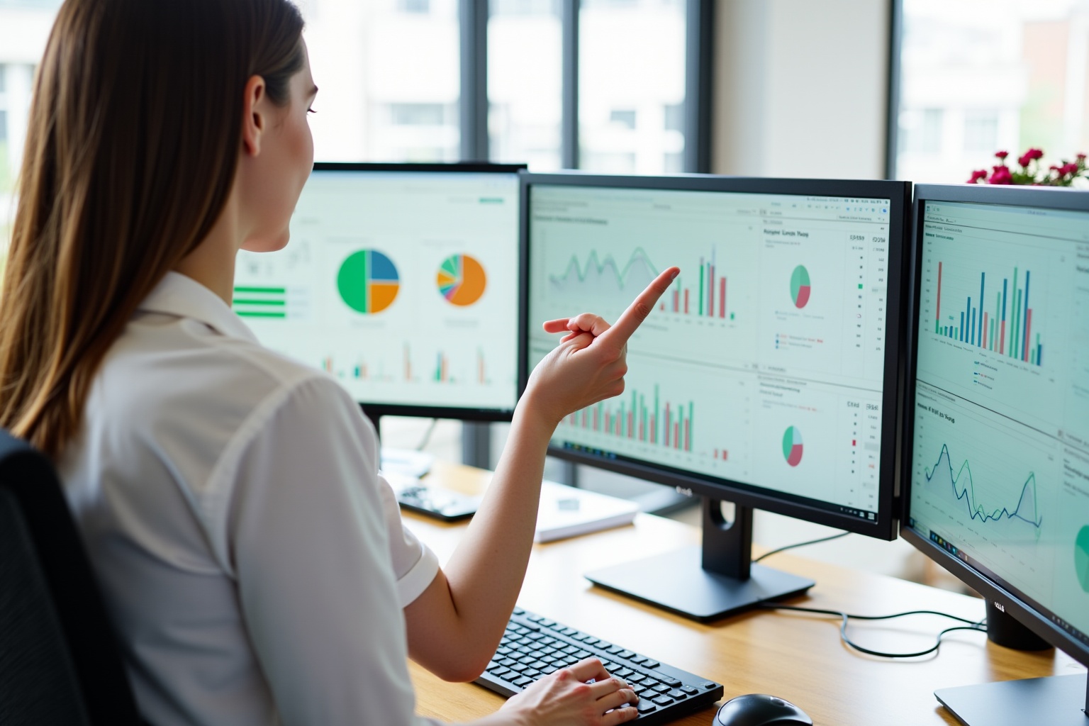 A woman analyzing data visualizations on multiple computer screens.