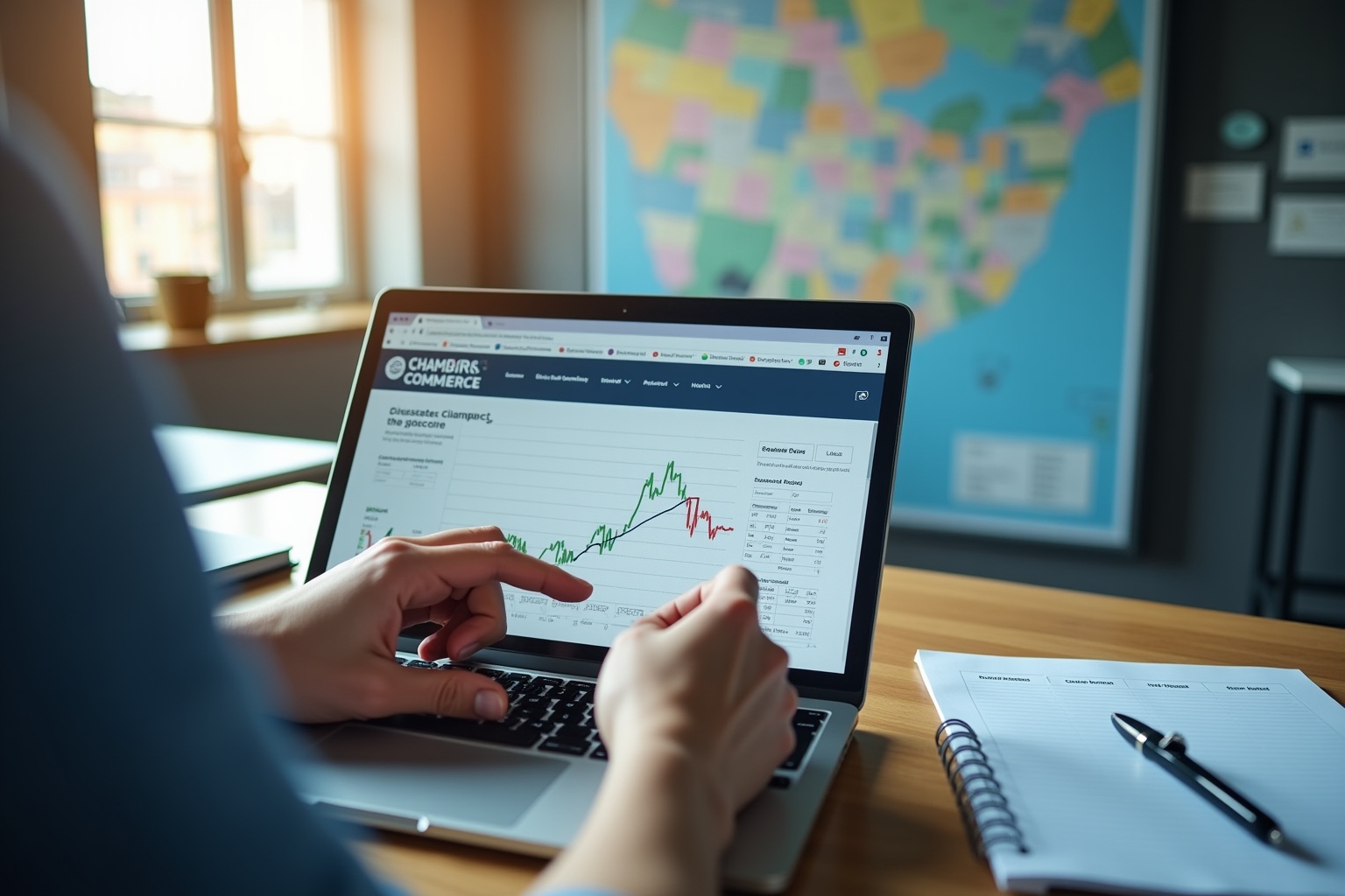 Laptop displaying stock market data, hands typing, office supplies on desk.