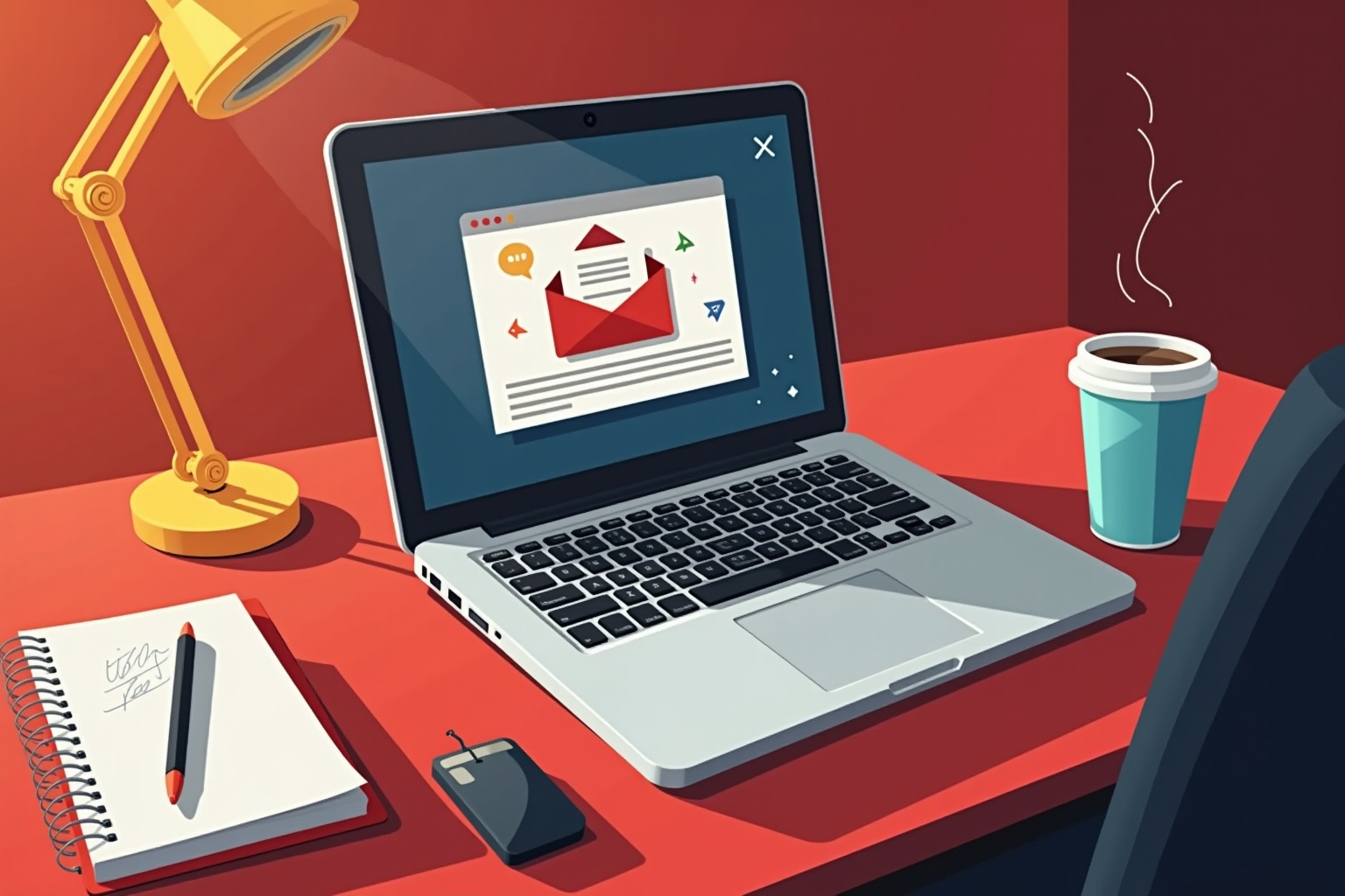 Laptop with email notification, desk lamp, notebook, and coffee cup.