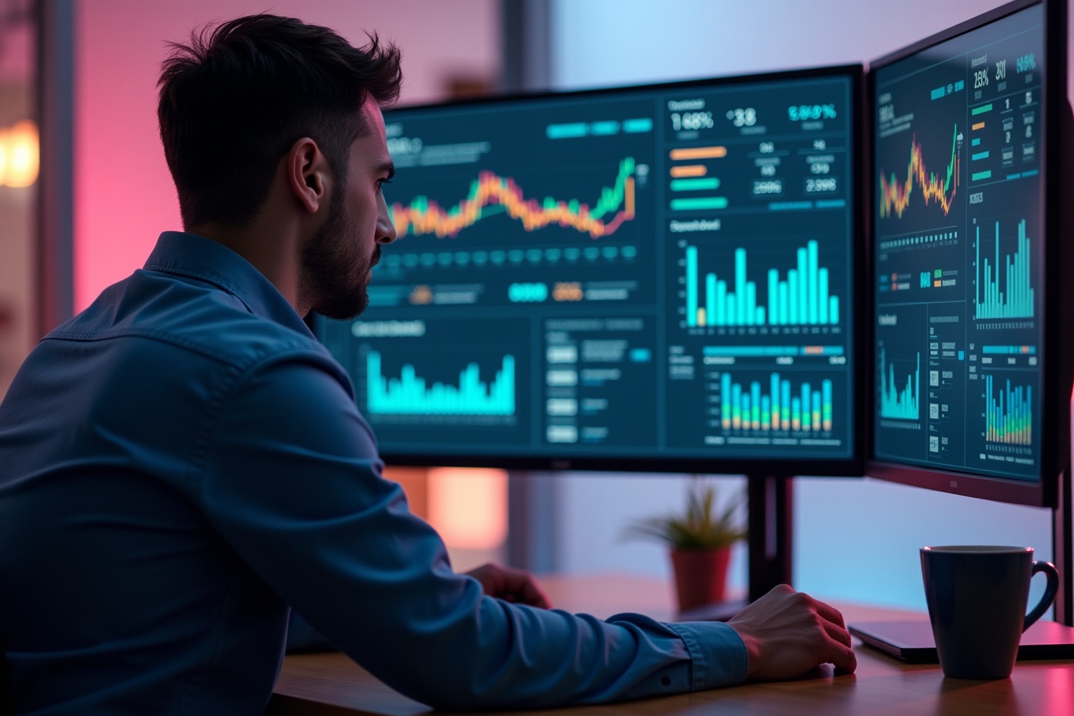 Businessman analyzing financial data on multiple computer screens.