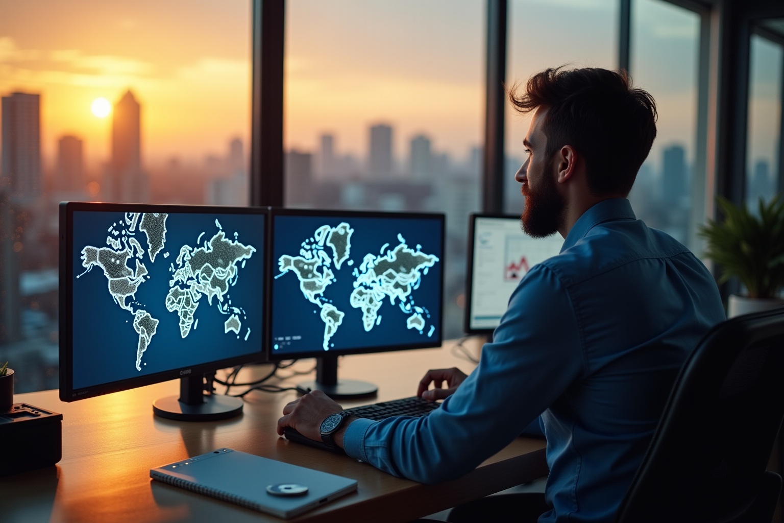 Businessman studying world maps on multiple computer screens at sunset.