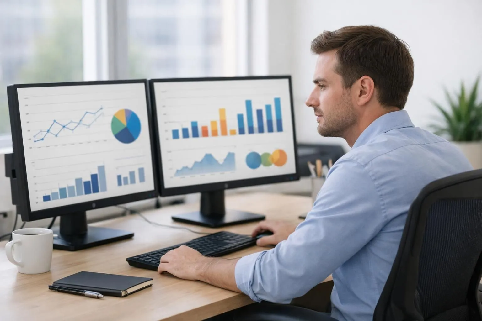 Marketing professional reviewing analytics dashboard with colorful graphs and metrics on dual computer screens in contemporary office workspace, focused on SEO performance data visualization