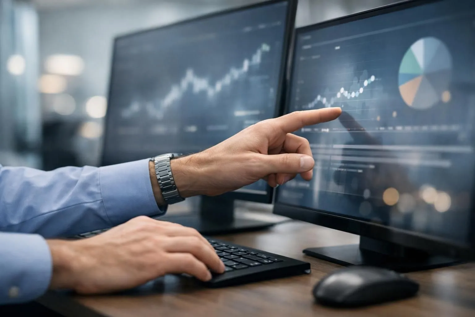 Professional monitoring multiple digital screens displaying SEO analytics graphs, keyword rankings, and performance metrics in a modern office environment with ambient blue lighting representing data analysis workflow