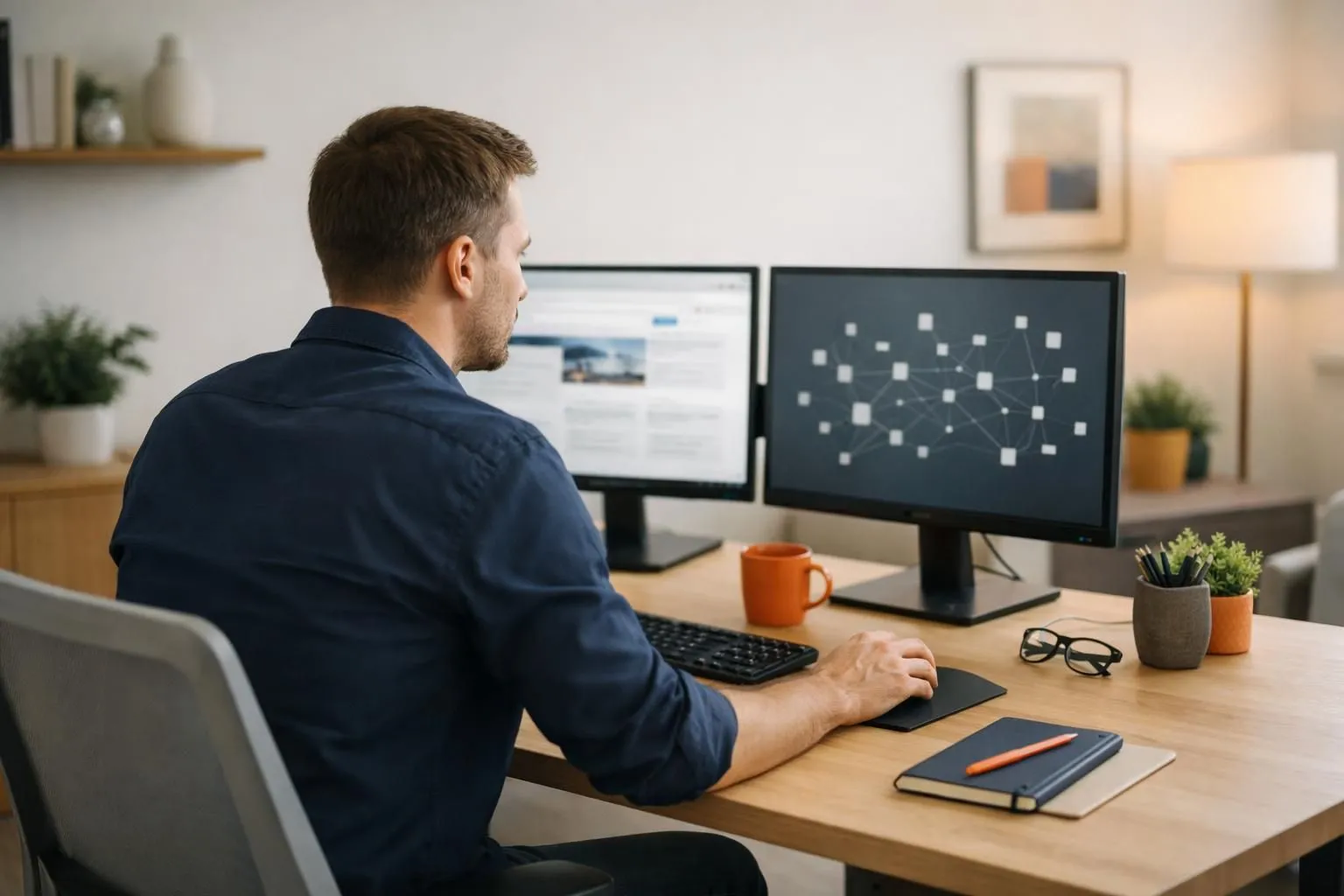 SEO professional analyzing website link structure on dual monitors showing interconnected page network diagrams and ranking data dashboards in modern office setting