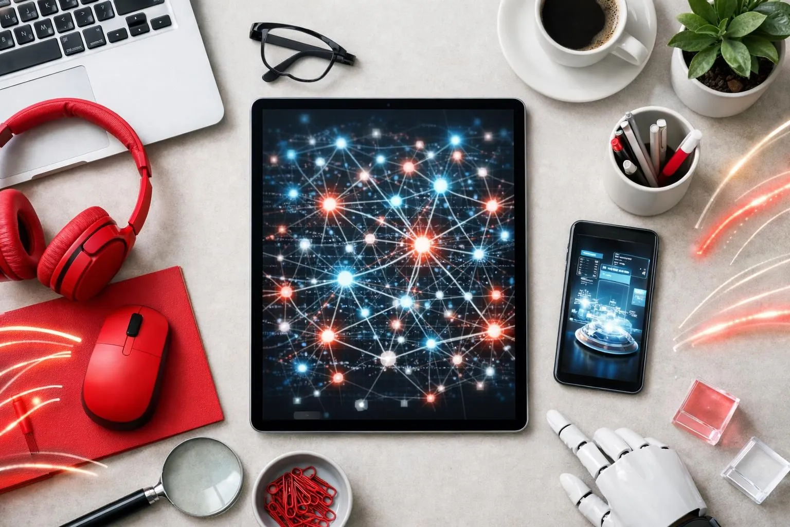 AI dashboard displaying website internal link network with glowing neural pathways connecting pages, automated optimization recommendations highlighted on holographic screens, professional SEO workspace environment