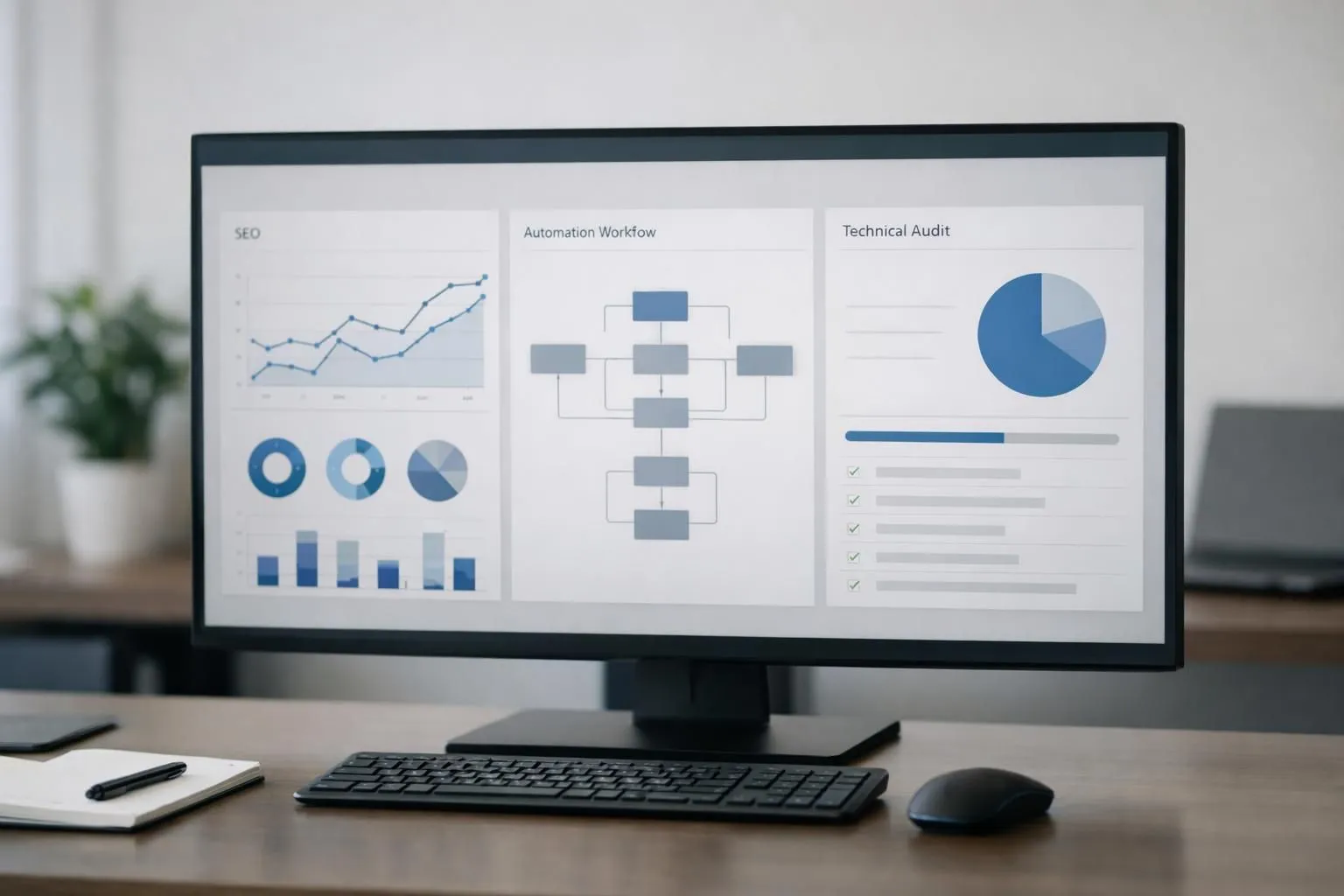 Digital marketing team reviewing SEO automation dashboard showing technical audit results, meta tag optimization progress bars, and AI-powered workflow automation interface on large monitors in modern agency office