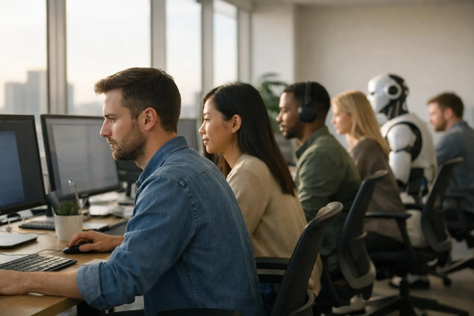 Digital marketing team working together at computers analyzing SEO dashboards and AI analytics tools in bright modern agency office, showing collaboration between humans and artificial intelligence for ai for digital marketing agencies solutions