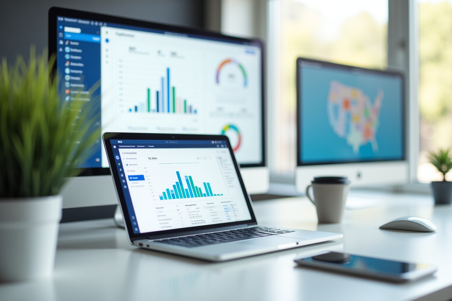 Laptop displaying data analytics, multiple monitors, office workspace.