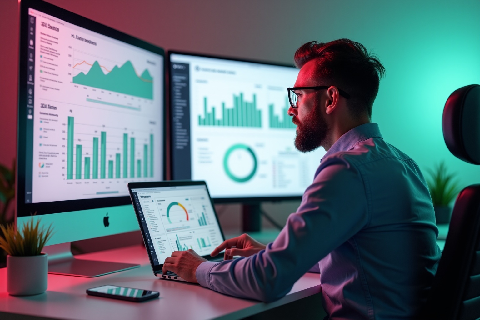 Bearded man analyzing data on multiple computer screens in a colorful office.