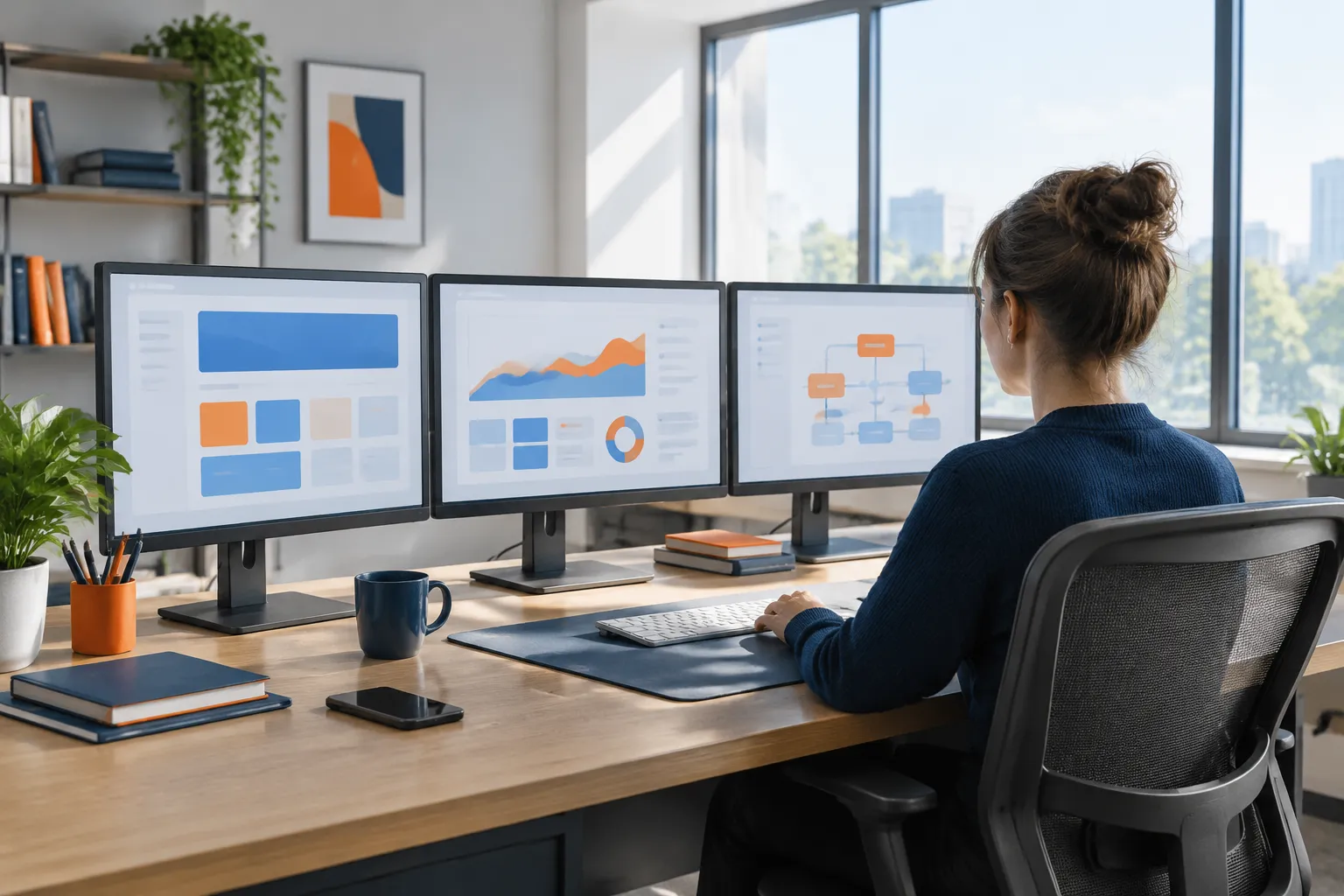 Woman working at three-monitor workstation in bright office
