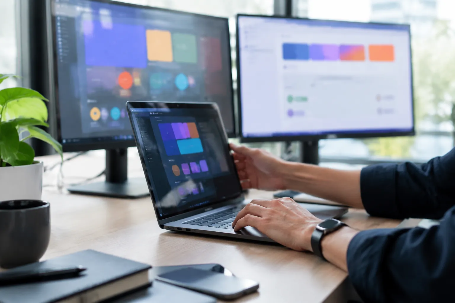 Designer working on laptop with dual monitors displaying colorful interface mockups