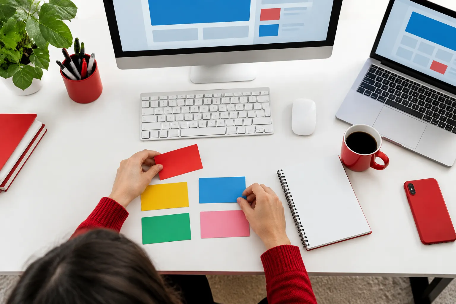 Overhead workspace with colorful cards, computer, coffee, and notebook