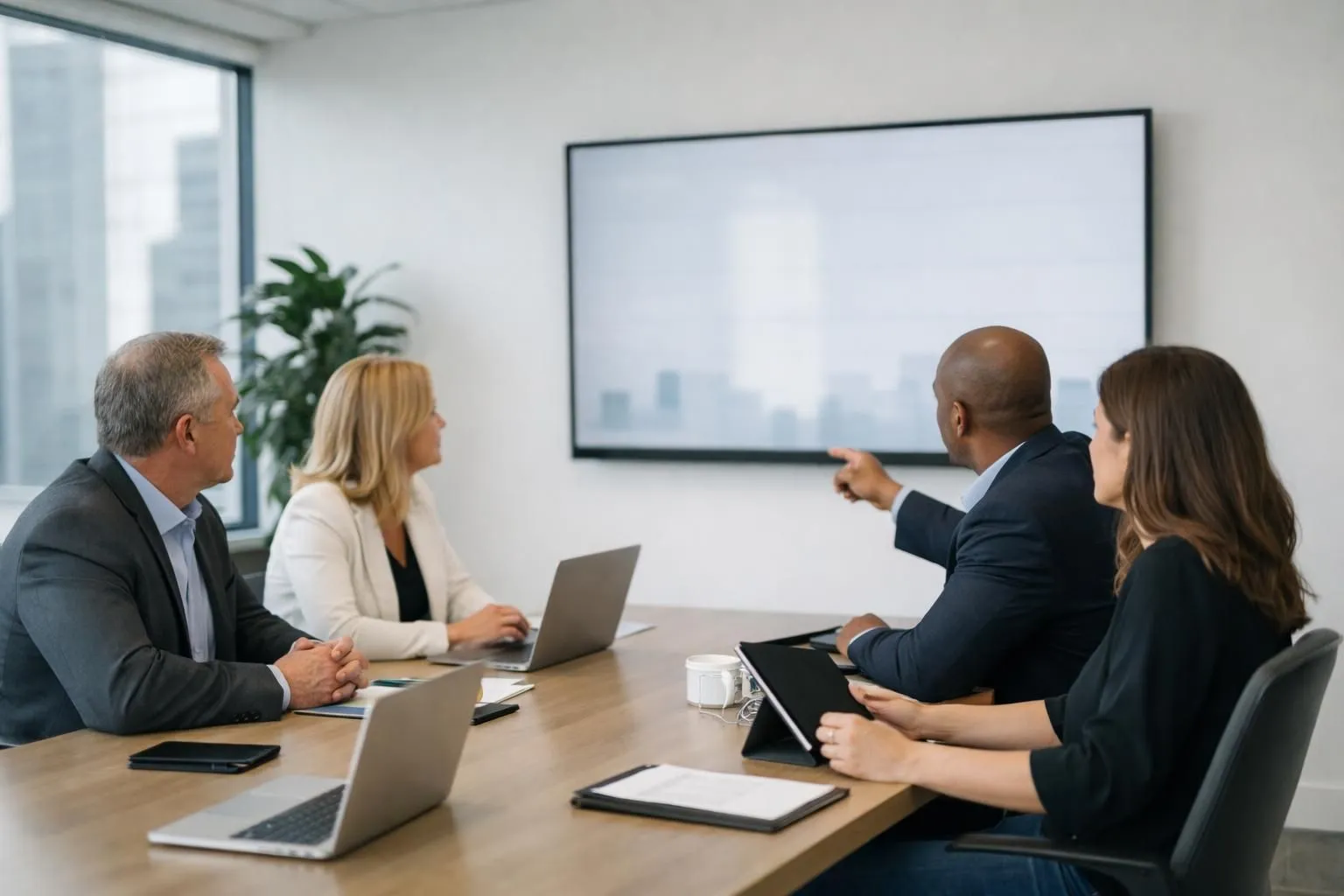 Business executives in modern conference room analyzing SEO performance metrics on large digital screen showing revenue graphs and organic traffic data, professional corporate setting with tablets and laptops on table
