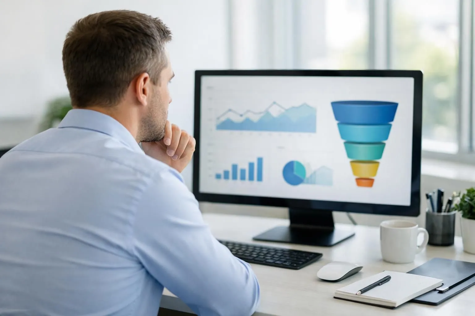 Modern business analyst examining transparent holographic dashboard displaying website traffic flow, conversion funnels, and revenue attribution paths in a professional office setting with natural lighting, photorealistic style
