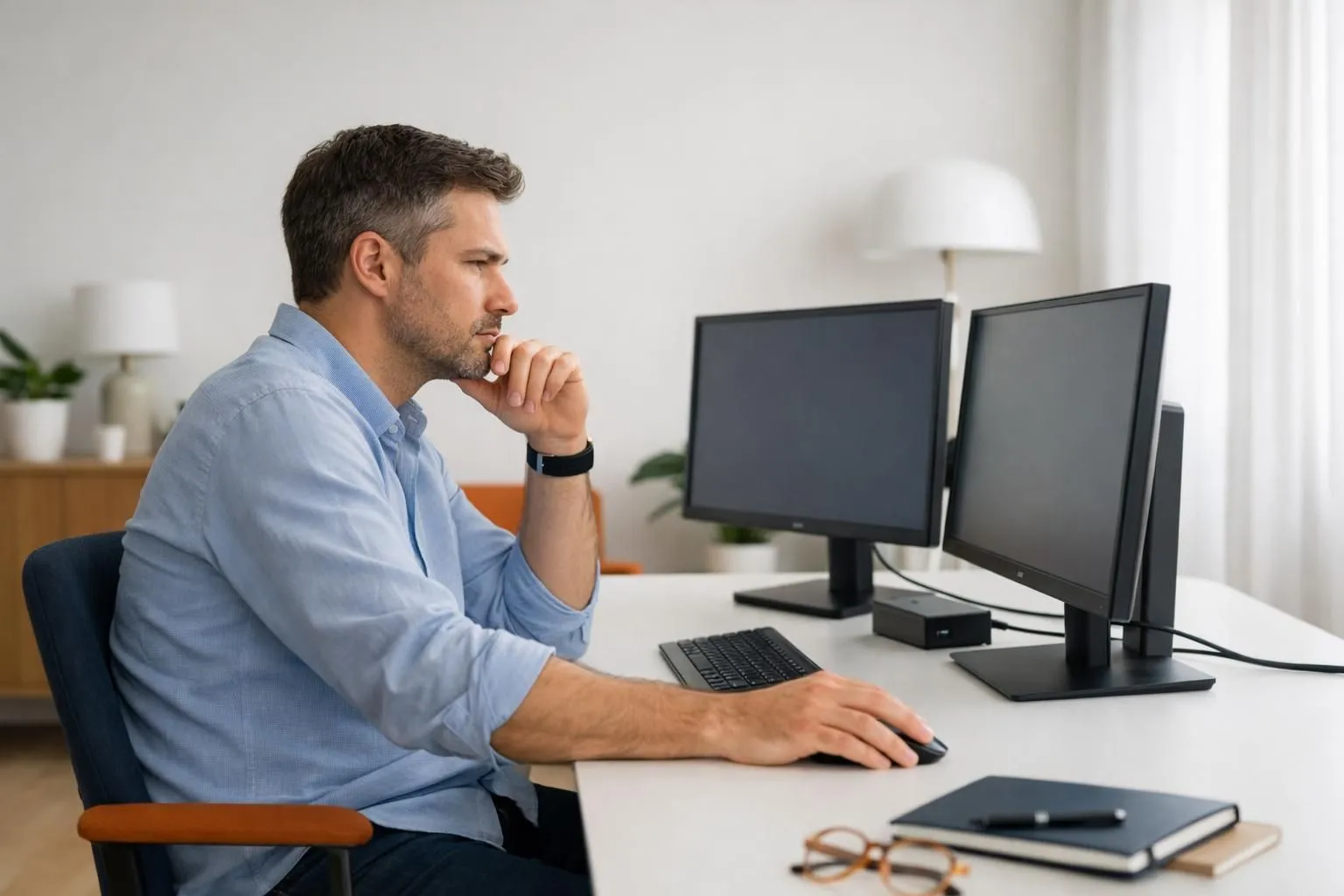 Business analyst reviewing layered content performance dashboards showing organic traffic growth curves and lead generation metrics on dual monitors in modern workspace, natural lighting, professional atmosphere, no text or labels visible