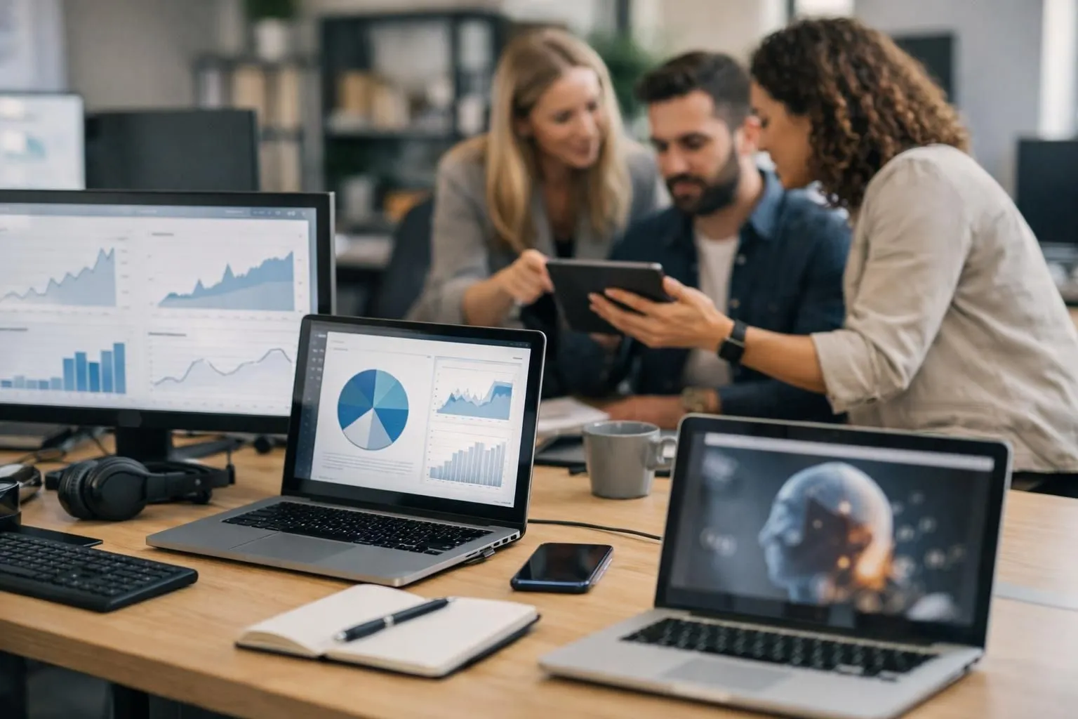 Modern office workspace showing multiple screens displaying content analytics dashboards, SEO performance graphs climbing upward, and team members collaborating over content strategy documents with AI automation tools visible on tablets, representing systematic content marketing optimization and exponential growth trajectory