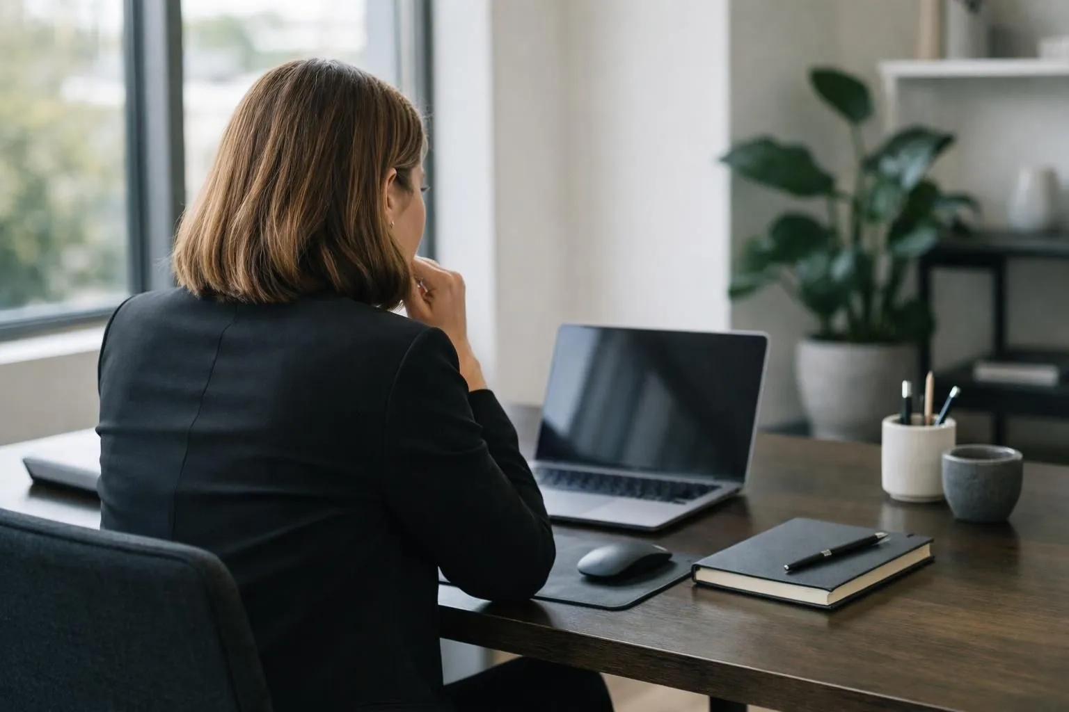 Modern office workspace showing a content strategist reviewing holographic AI dashboards displaying real-time content performance metrics, ROI graphs, and predictive analytics floating above a sleek desk with a laptop, in a professional business environment with natural lighting