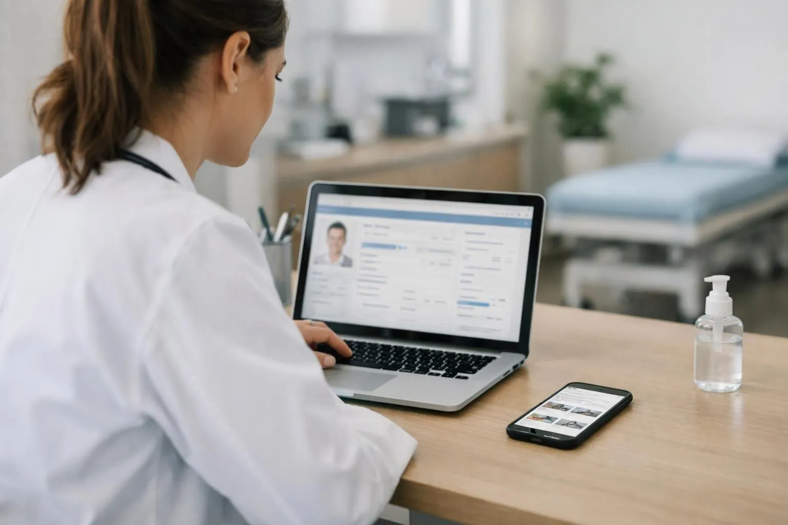 A medical professional in a modern clinic looking at a computer screen displaying patient appointment data, with a smartphone nearby showing search results, conveying the connection between digital presence and patient acquisition in healthcare settings.