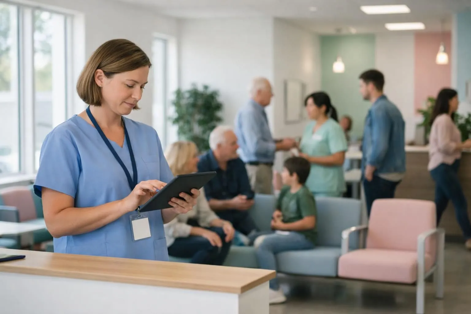 A medical professional in a modern clinic reception area looking at a tablet displaying patient appointment notifications, with a waiting room visible in the background showing increased foot traffic, clean healthcare environment with blue and white tones