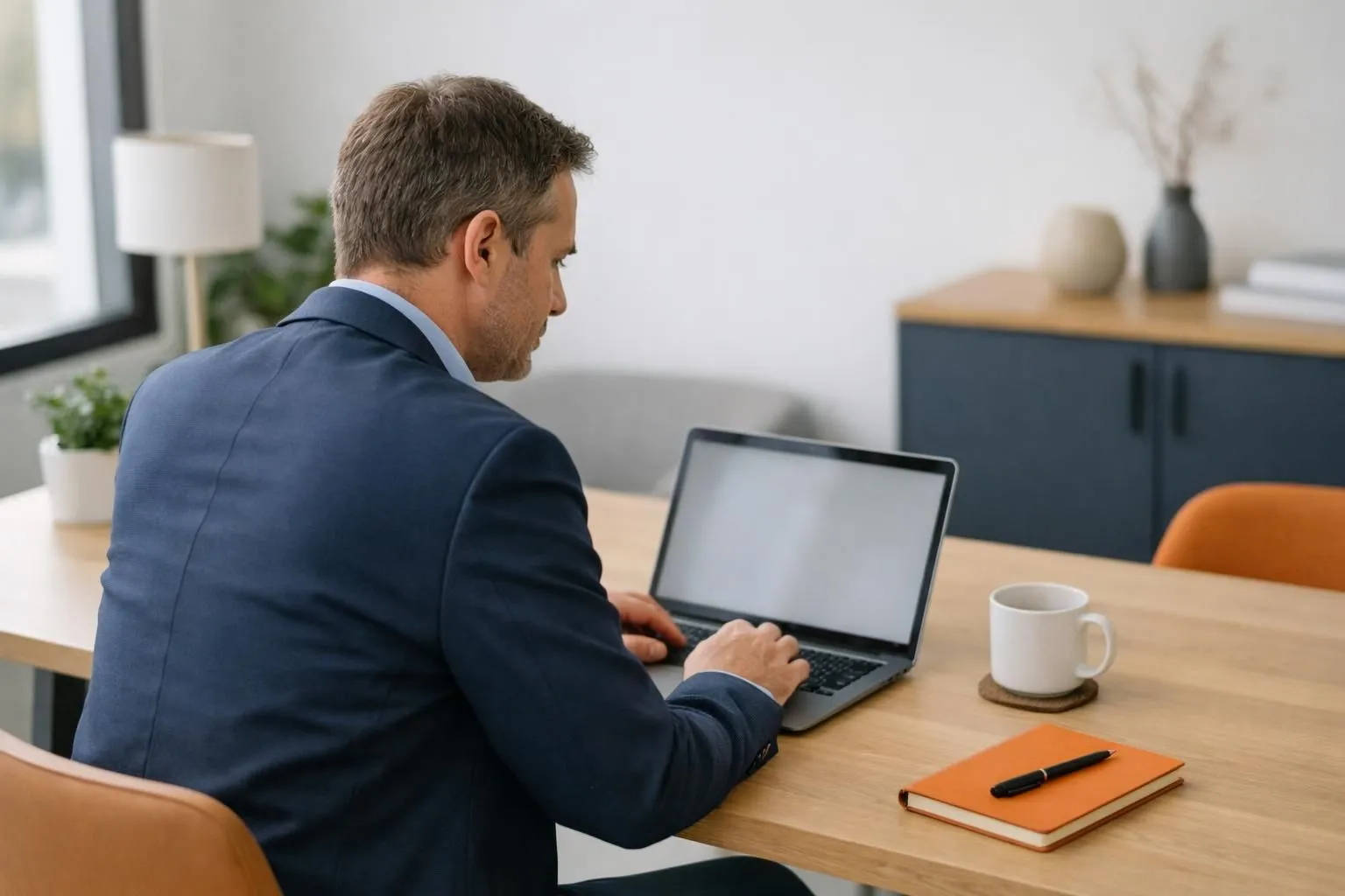 Business professional analyzing customer feedback data on laptop screen with testimonial cards visible, modern workspace with natural lighting, no text or labels visible