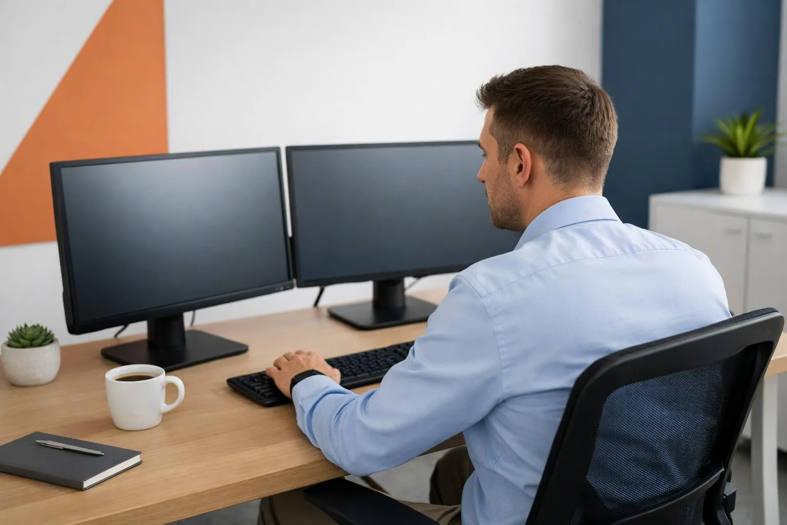 A person working at a desk with dual computer monitors.