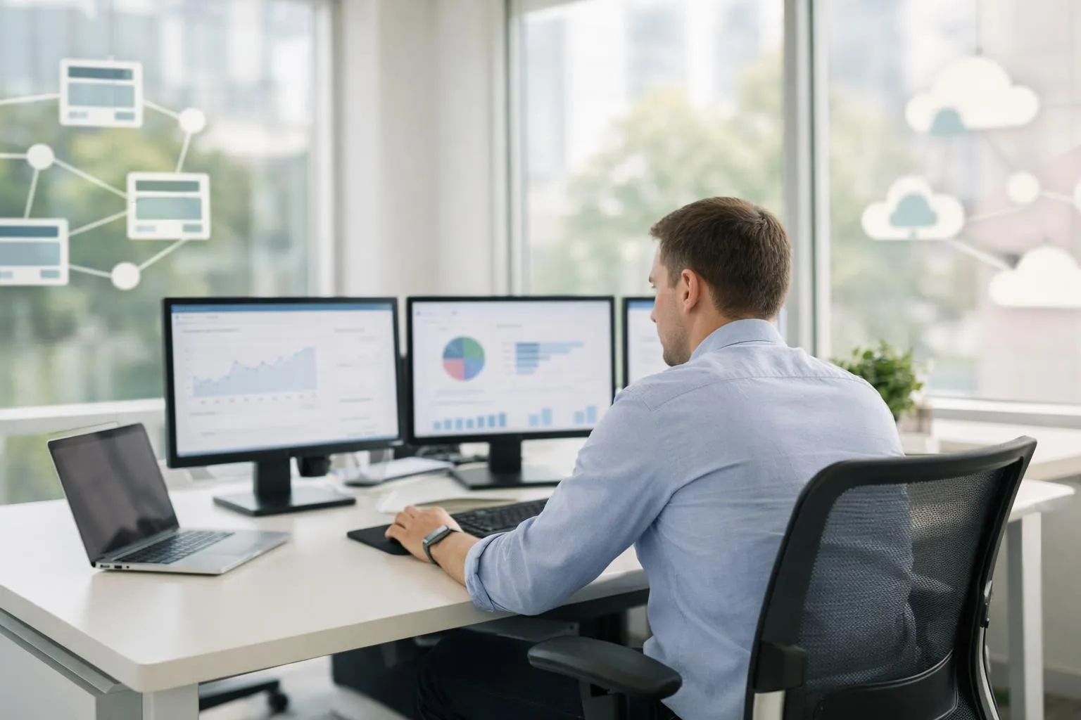 A person working at a desk with multiple computer monitors.