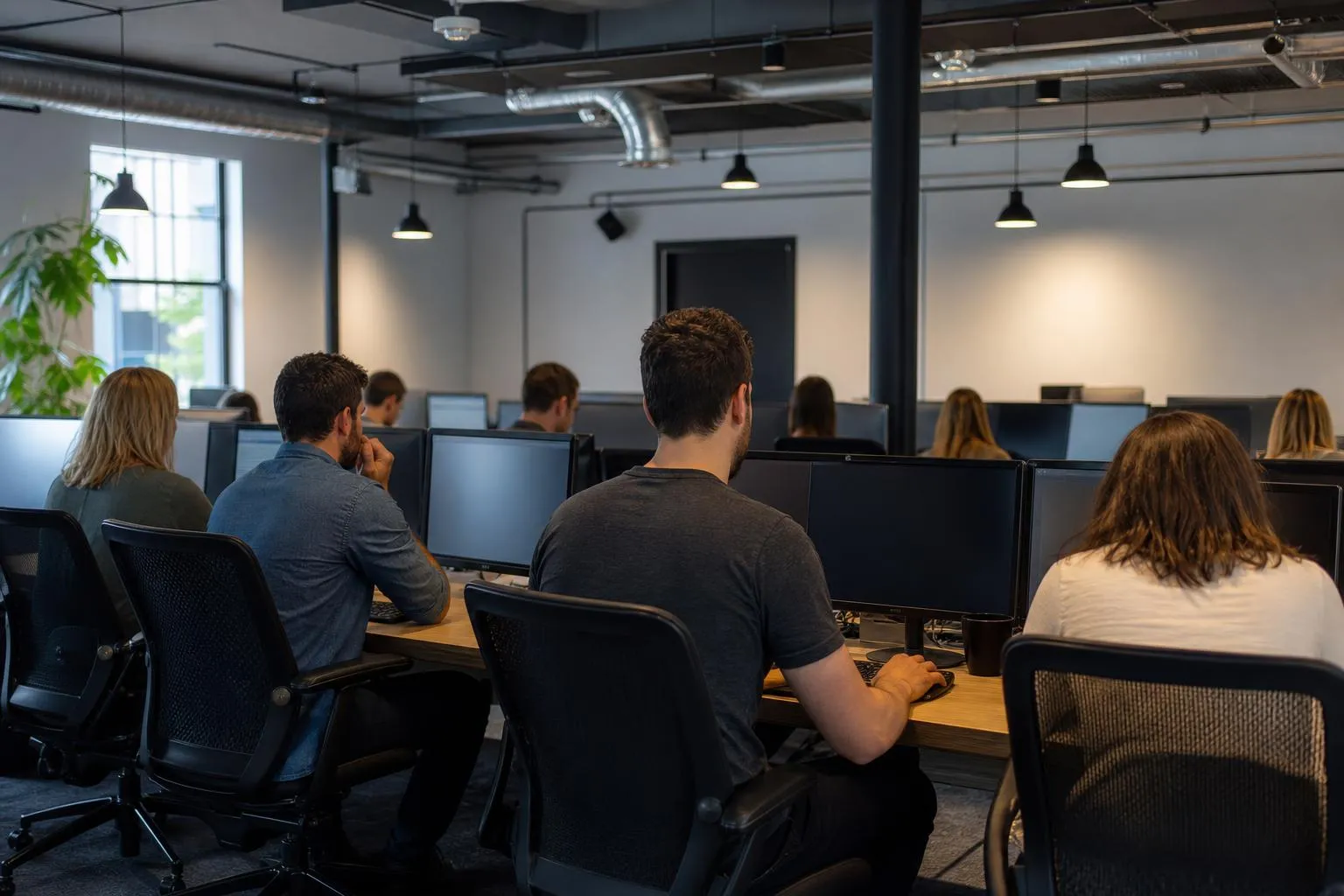 A group of people working at computers in an office setting.