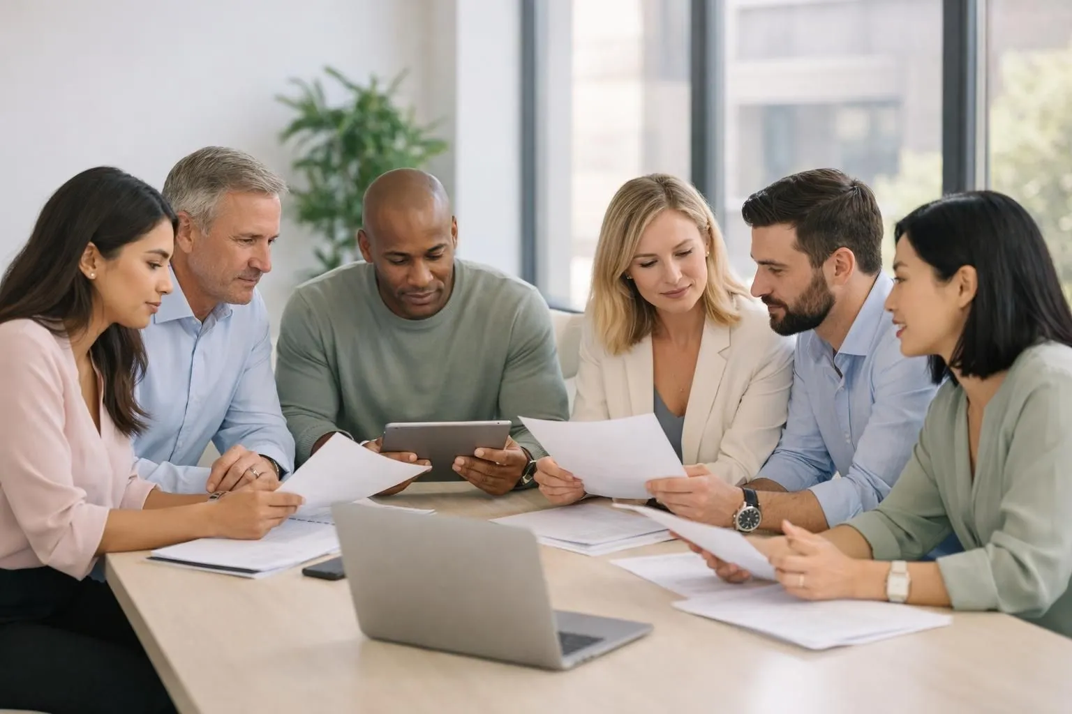 Diverse business professionals in modern conference room examining strategic documents on table with digital screens showing analytics dashboards and performance metrics, realistic office environment with natural lighting