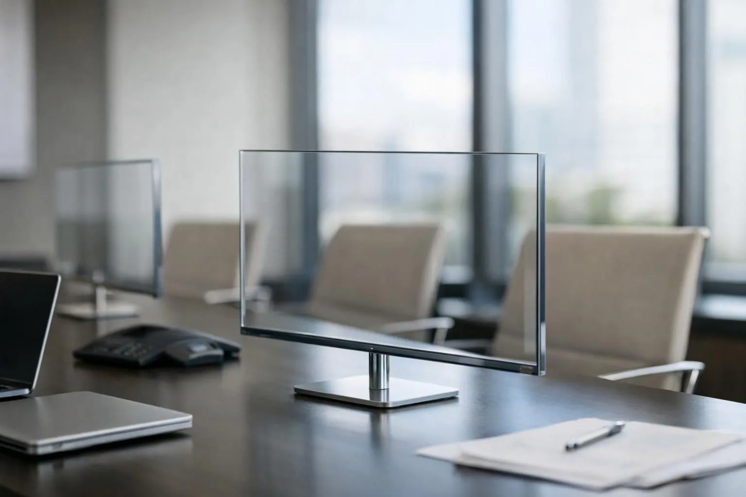 Modern office meeting room with transparent glass walls showing diverse team presenting SEO analytics dashboards on large screens, pricing charts visible in background, professional business atmosphere with natural lighting and contemporary furniture