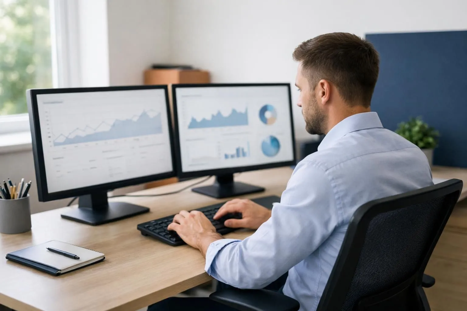Professional marketer analyzing SEO metrics on dual monitors in modern office workspace, hands on keyboard, data visualizations visible on screens, natural lighting from window, focused working environment