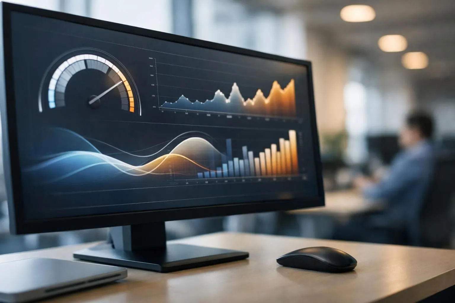 A dynamic workspace scene showing a computer screen with automated content generation flowing rapidly, surrounded by upward-trending analytics graphs and speed indicators, representing AI-powered SEO efficiency in a modern office environment