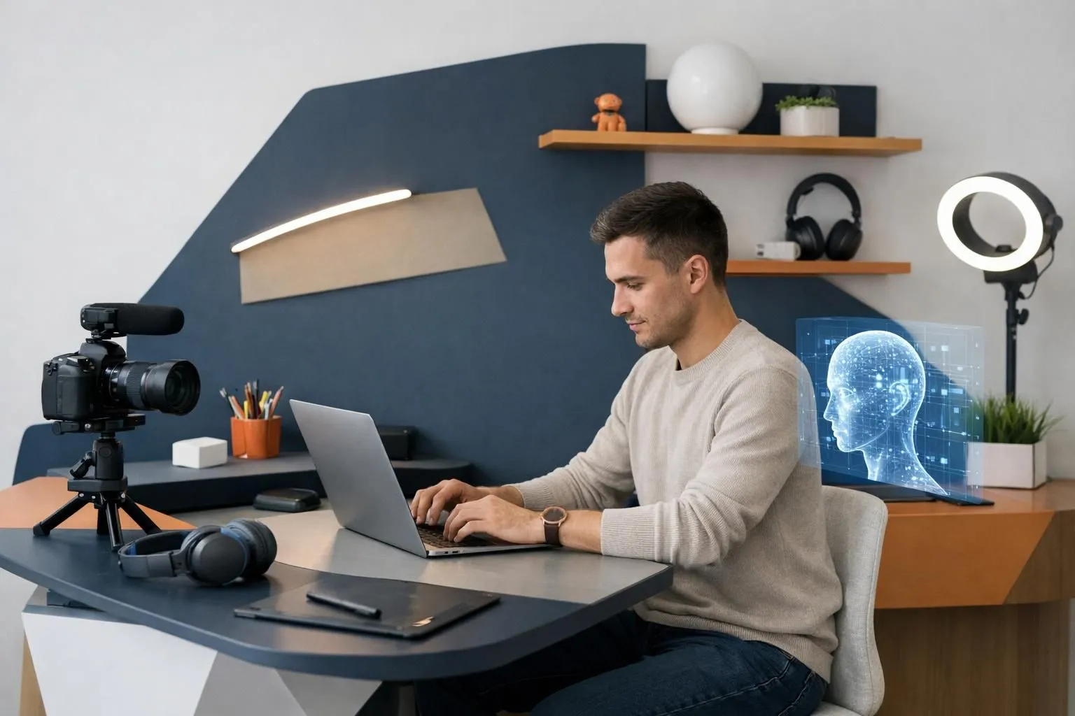 Modern professional working on laptop with AI interface holographic elements, futuristic content creation workspace showing content generation workflows and data streams