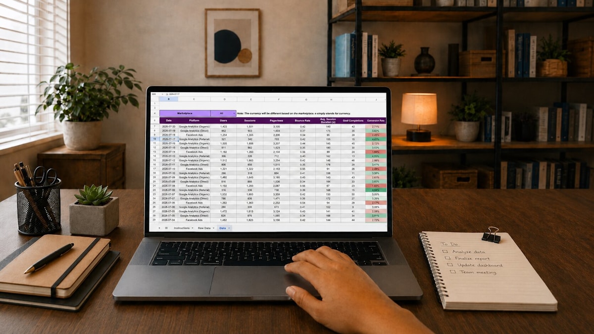 Hand operating laptop displaying data spreadsheet on a desk.