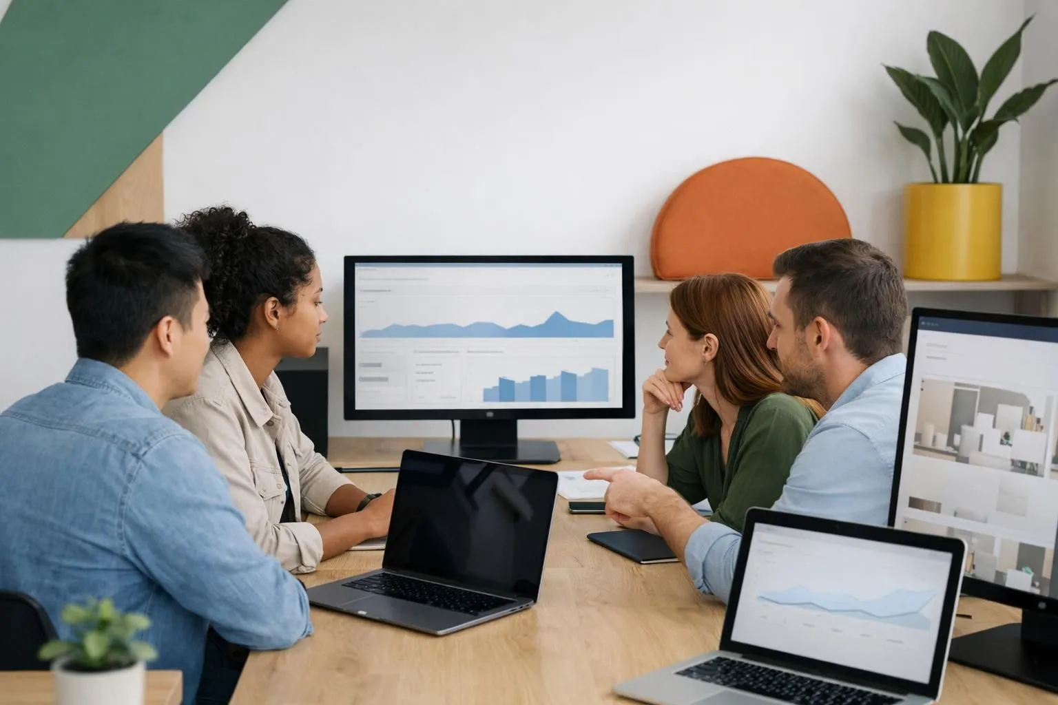 Professional team analyzing SEO metrics on multiple screens in modern office, diverse specialists reviewing website performance data and search rankings on dashboard displays