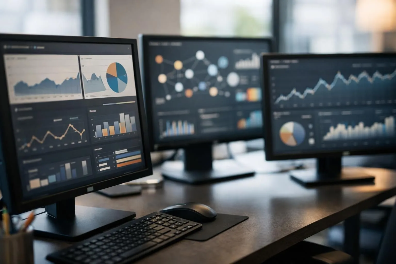 A professional team analyzing data dashboards and SEO metrics on multiple computer screens in a modern office environment, showing workflow automation for digital marketing campaigns, no text or labels visible