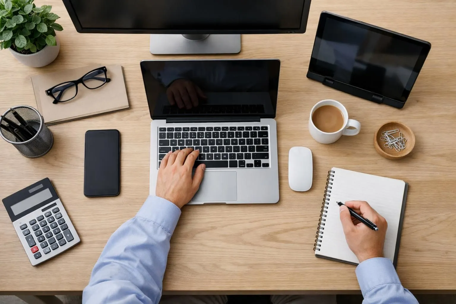 Business professional analyzing SEO performance metrics on multiple screens showing ranking data and traffic graphs in a modern office environment with natural lighting