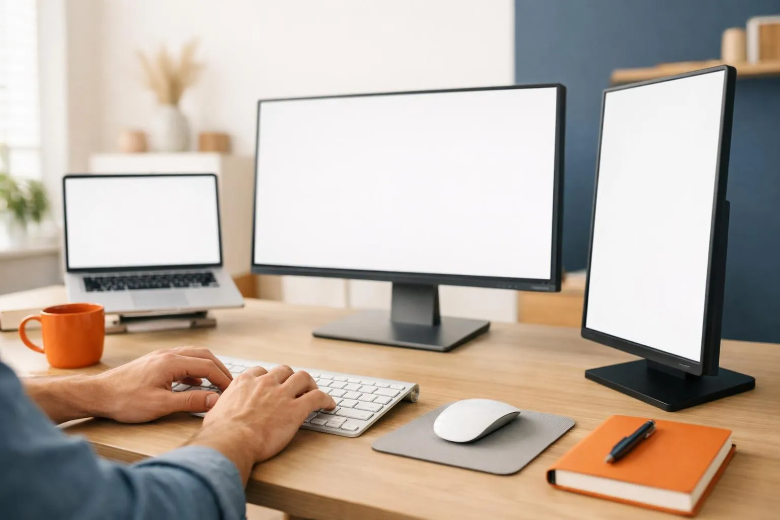 Digital marketing professional analyzing SEO performance metrics on multiple computer screens in a contemporary office workspace, hands typing on keyboard while reviewing organic traffic growth charts, warm natural lighting from windows