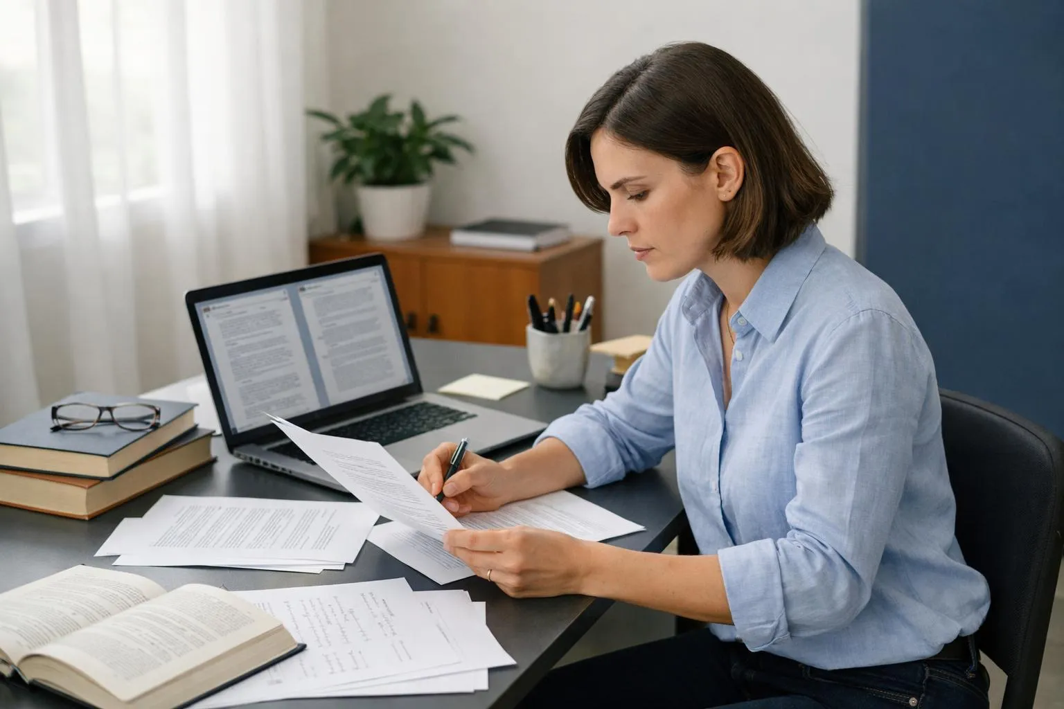 A woman working at a desk, reviewing documents and using a laptop.