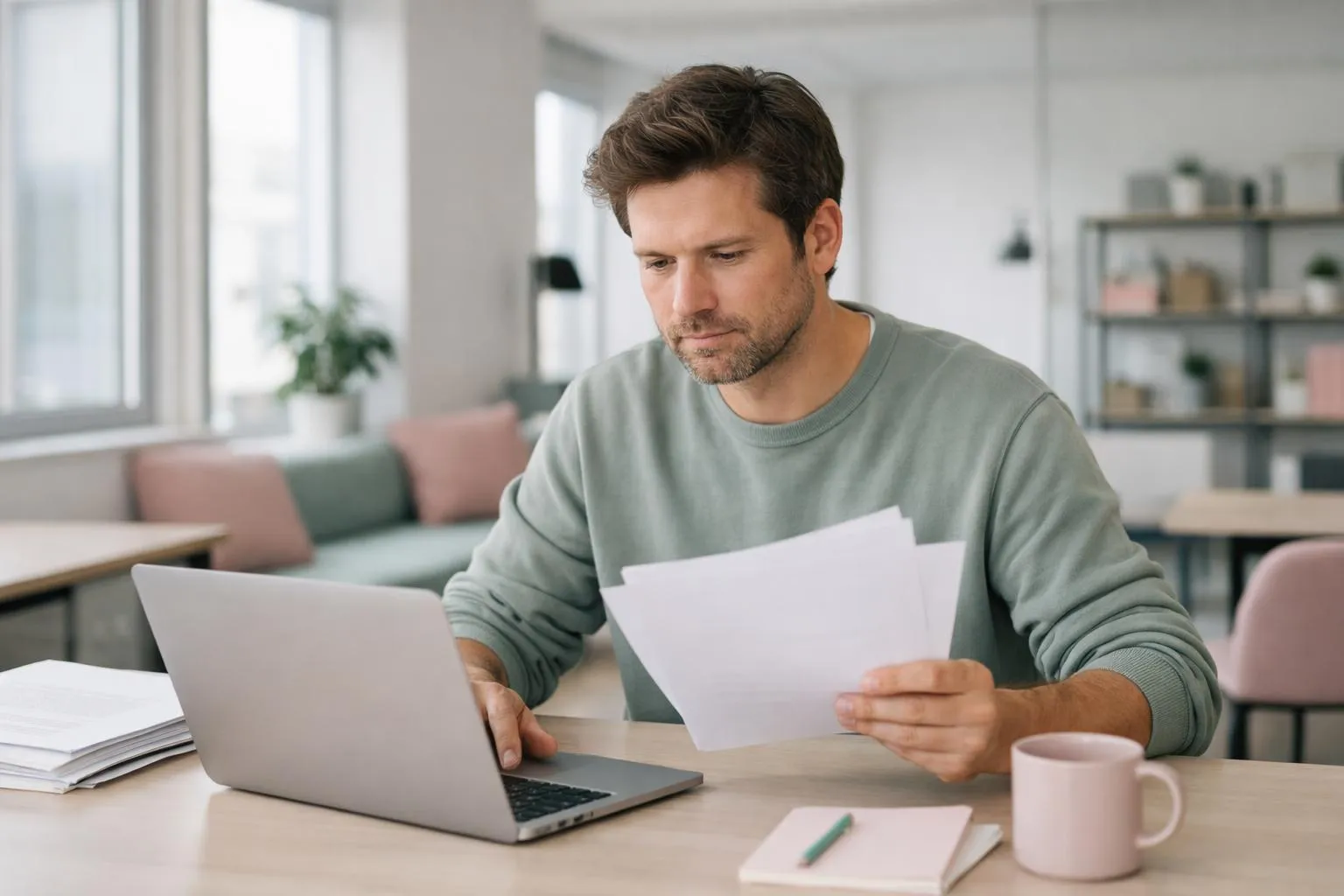 Focused man reviewing documents at laptop in home office.