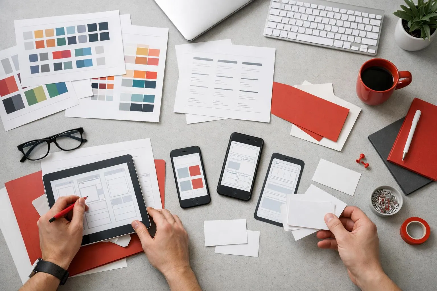 Workspace with digital design tools, devices, and color palettes.