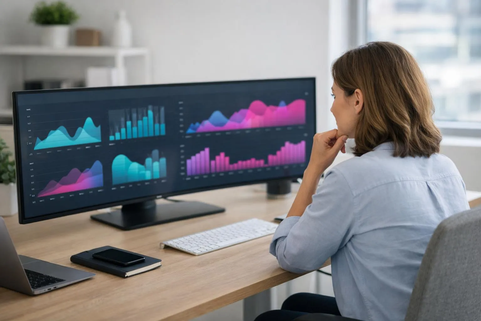A person analyzing data visualizations on a computer monitor.