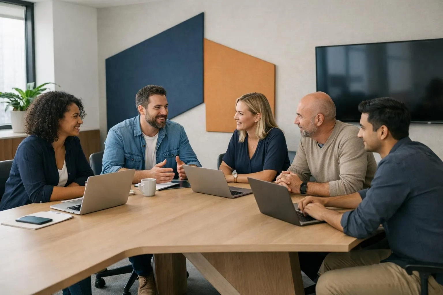 Professional business meeting with diverse team reviewing partnership agreement documents around conference table in modern office with laptops and digital screens showing analytics dashboards, natural lighting, collaborative atmosphere