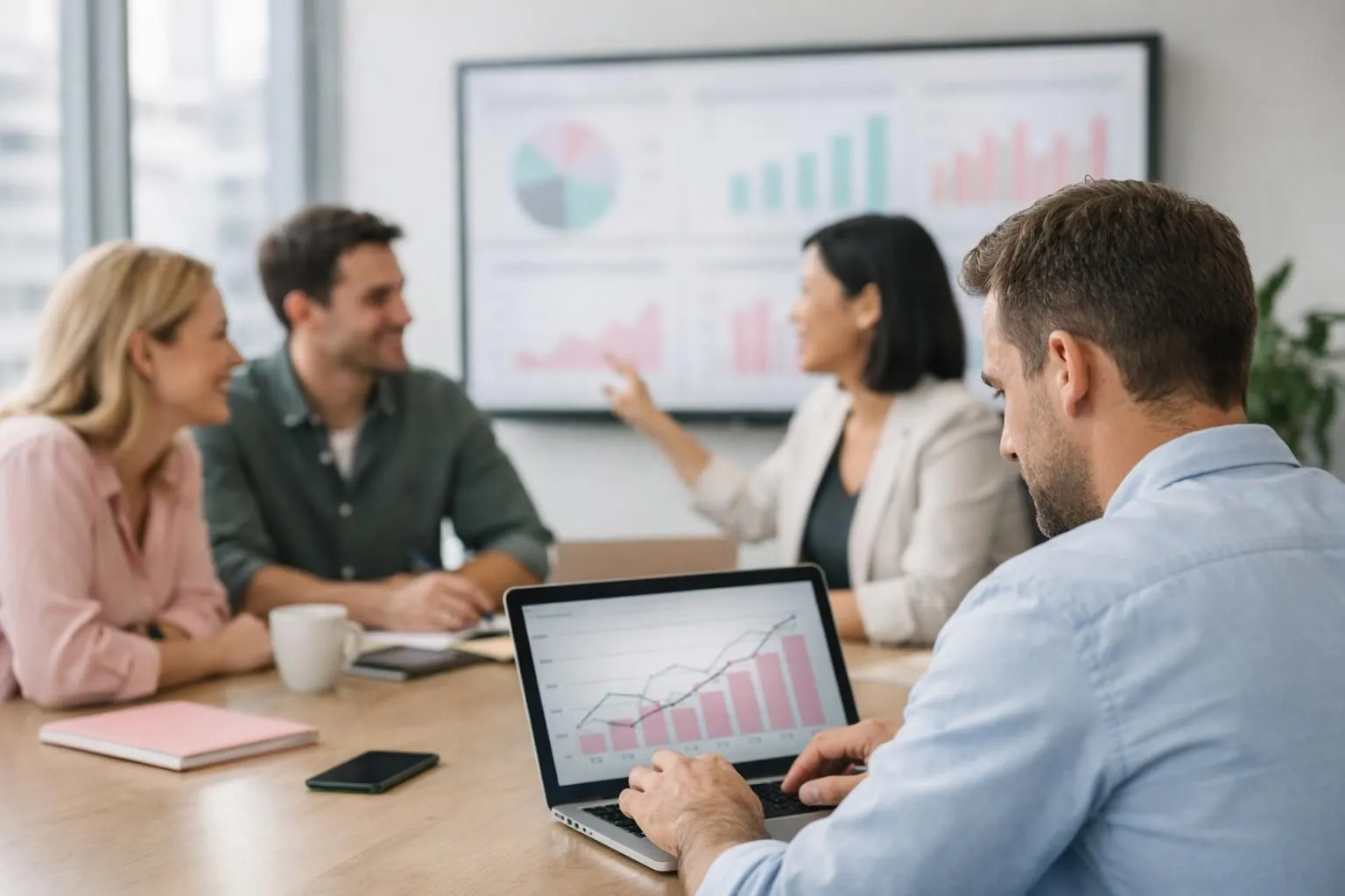 Professional team collaborating around digital dashboard showing SEO analytics and partnership metrics in modern office setting, natural lighting, realistic photography style, no text or labels visible