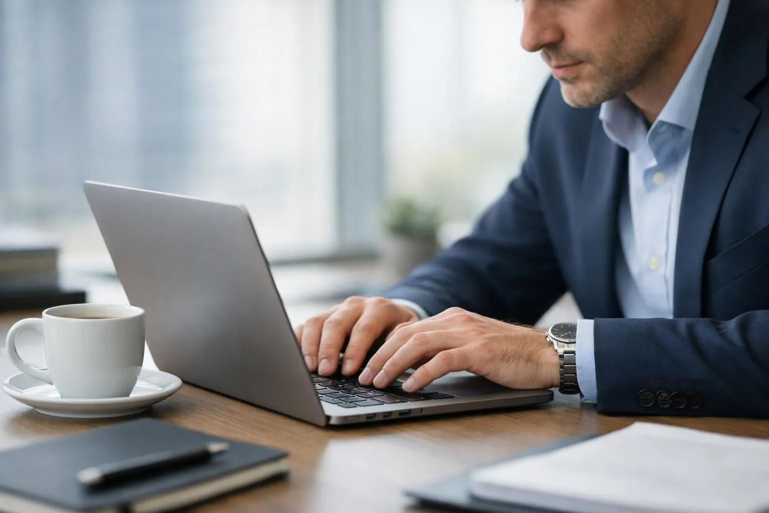Business professional sitting at modern desk, completing digital application form on laptop screen, office environment with natural lighting, focused expression, coffee cup nearby, clean workspace aesthetic