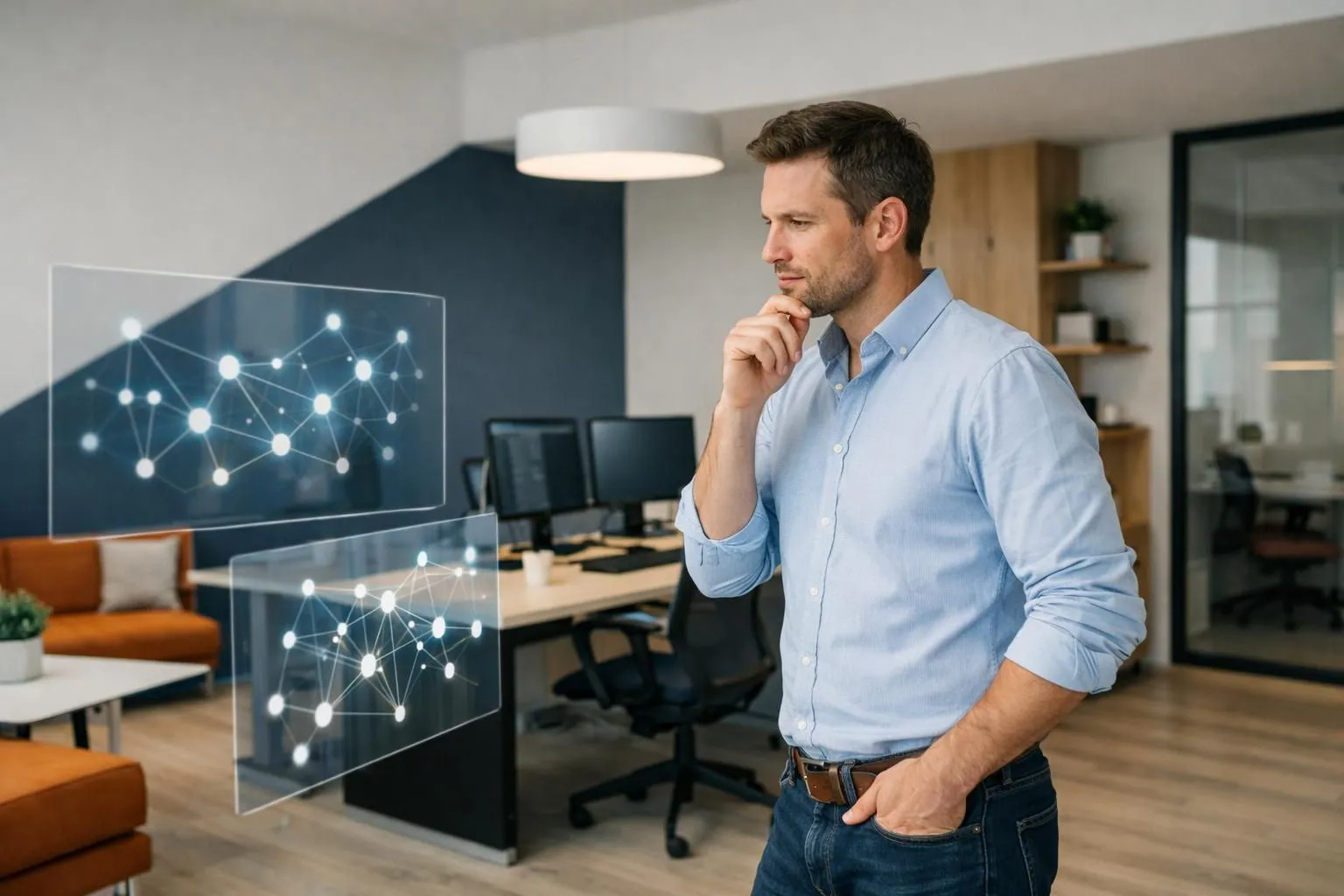 SEO professional at desk analyzing interconnected digital content nodes and semantic relationships on holographic display screens showing topic cluster architecture in modern tech office environment