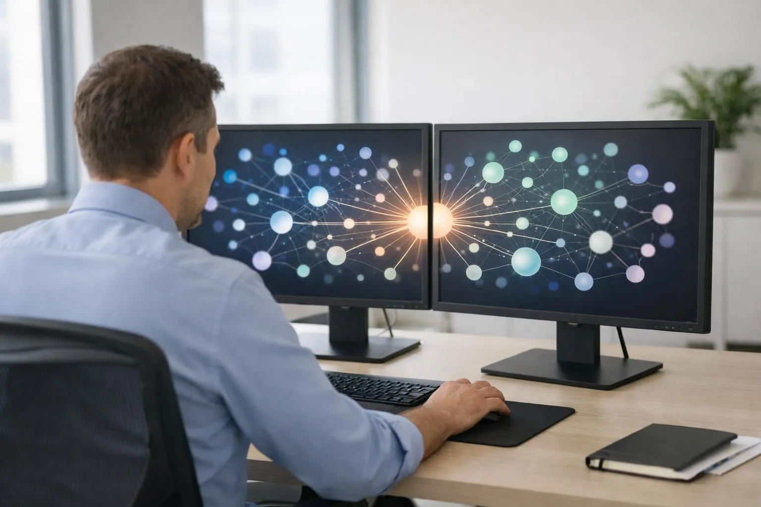 Digital content network visualization showing a central hub document connected by glowing pathways to surrounding satellite content pieces, representing SEO topic cluster architecture with interconnected nodes in a professional business setting