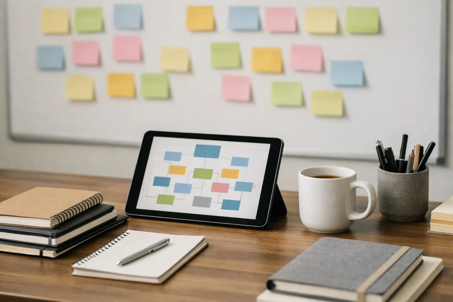 Content strategist sitting at modern desk mapping out topic cluster structure with colorful sticky notes on whiteboard, digital tablet showing content calendar with pillar page and cluster article connections, organized workspace with coffee mug and notebooks, natural office lighting, professional business environment focused on SEO planning
