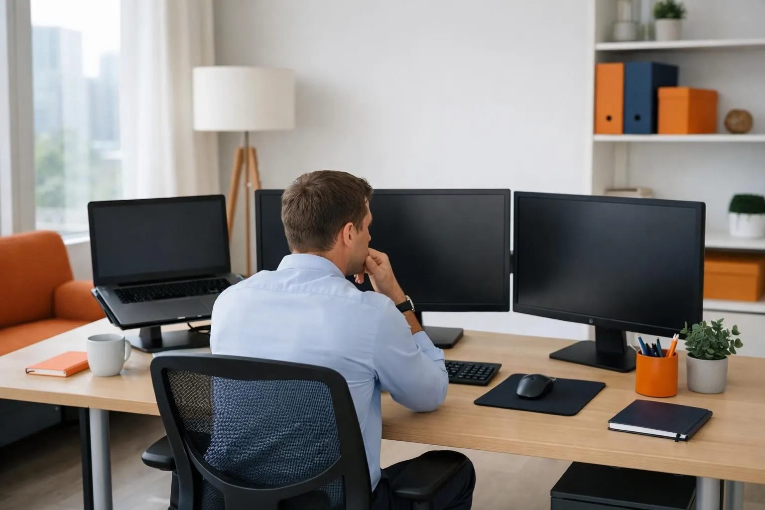 A professional workspace showing a computer screen displaying content analysis dashboards with quality metrics, a marketing professional reviewing SEO performance data on multiple monitors, modern office environment with natural lighting, focus on digital content workflow and evaluation process
